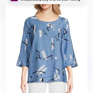 Ali Miles Petite Size Woven Abstract Print Round Neck 3/4 Sleeve Tunic PL artsy